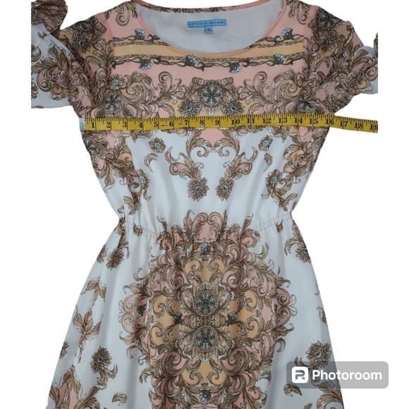Antonio Melanie Dress Neutral Paisley Print Bell 3/4 Sleeve Elegant Size 0 - Picture 11 of 16